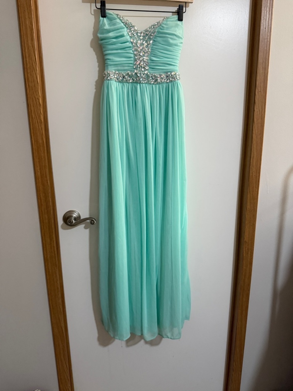 B Darlin Mint Green Chiffon Strapless Jeweled Gown